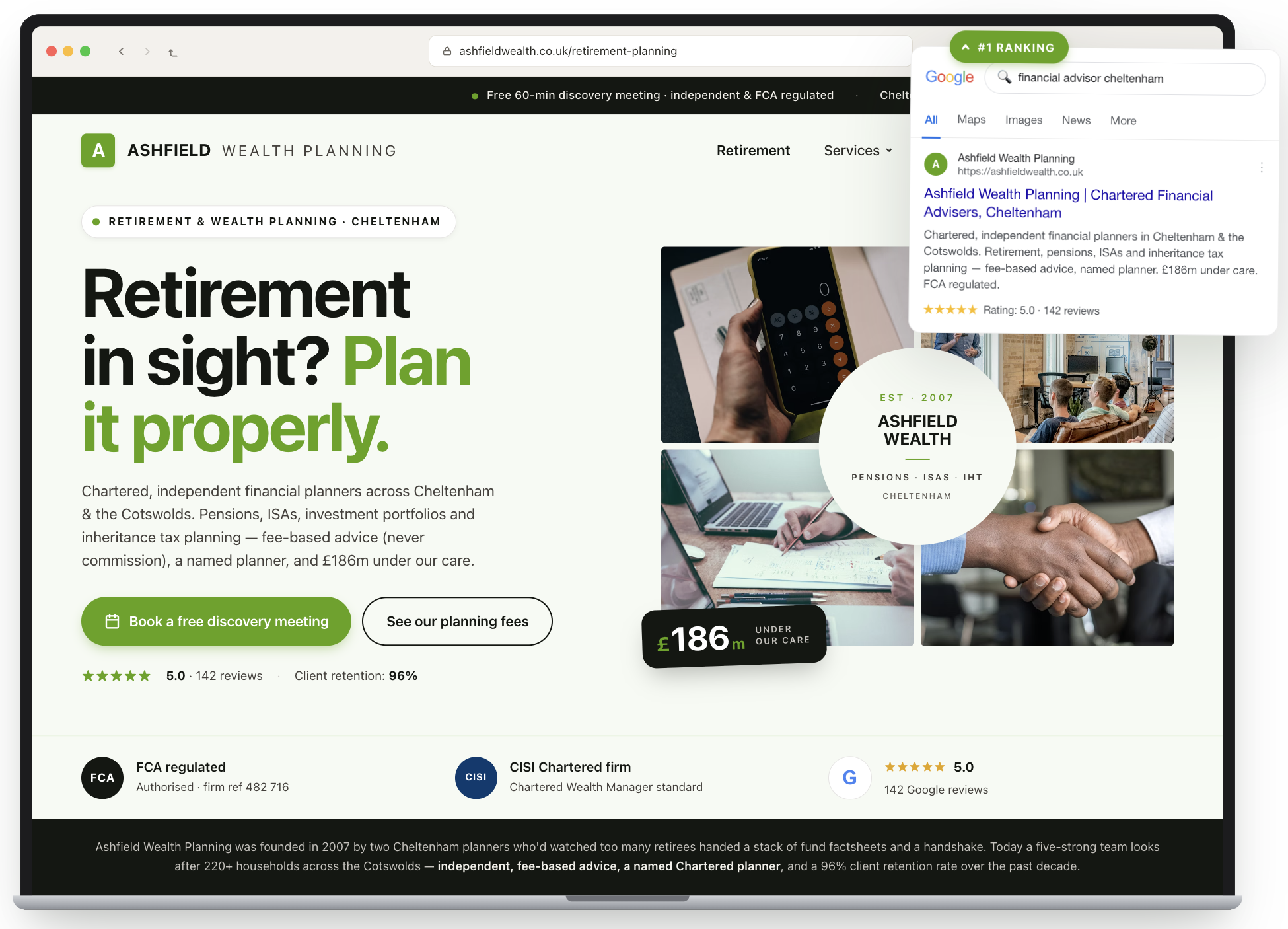 Website hero for Ashfield Wealth Planning with large headline "Retirement in sight? Plan it properly." and green CTA