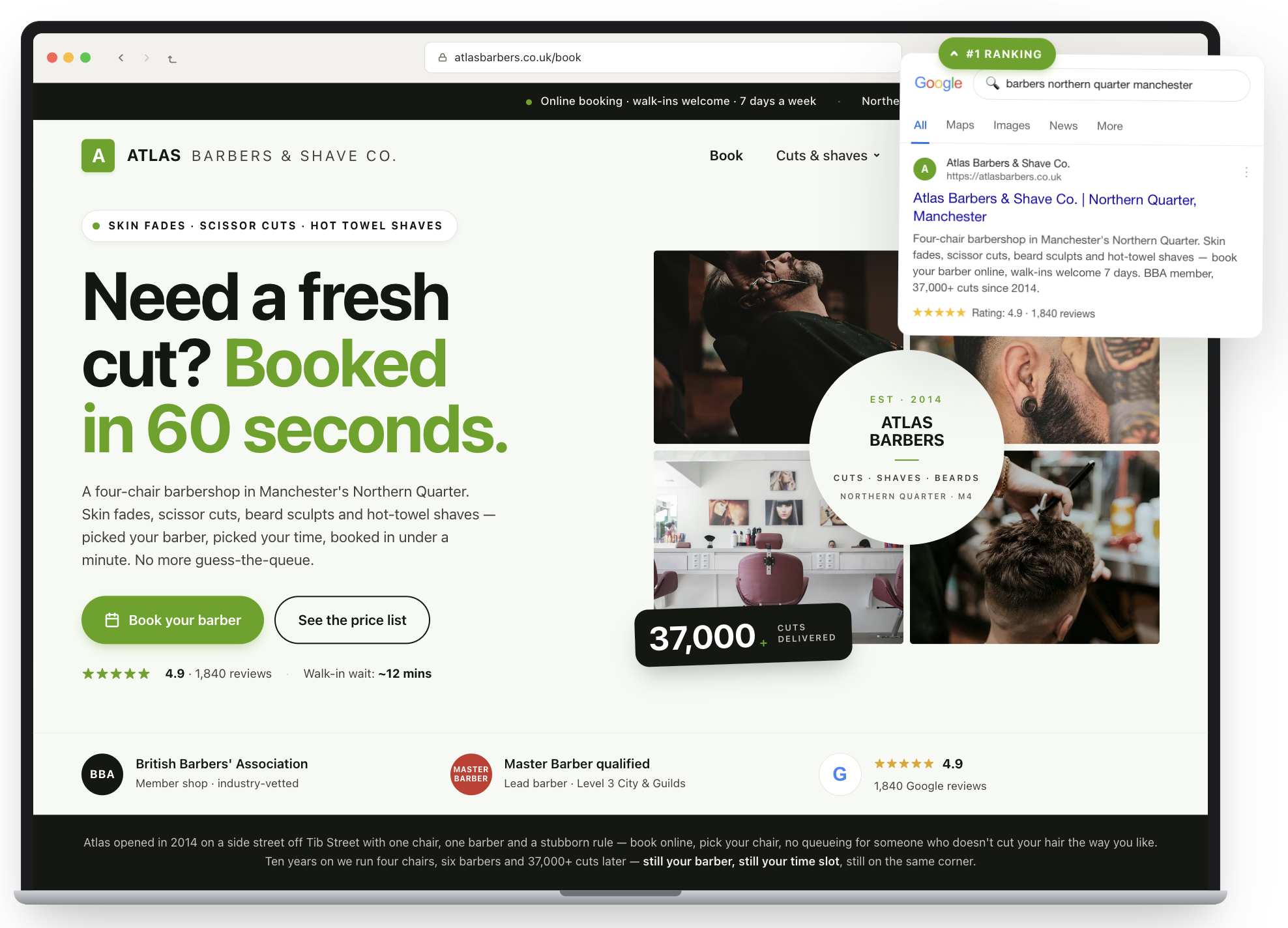 Atlas Barbers homepage showing bold green headline “Need a fresh cut? Booked in 60 seconds.” with booking buttons and barber photos