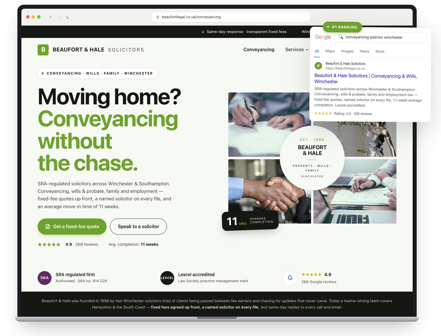 Beaufort & Hale solicitors homepage with large green “Conveyancing without the chase” headline and Google result popup