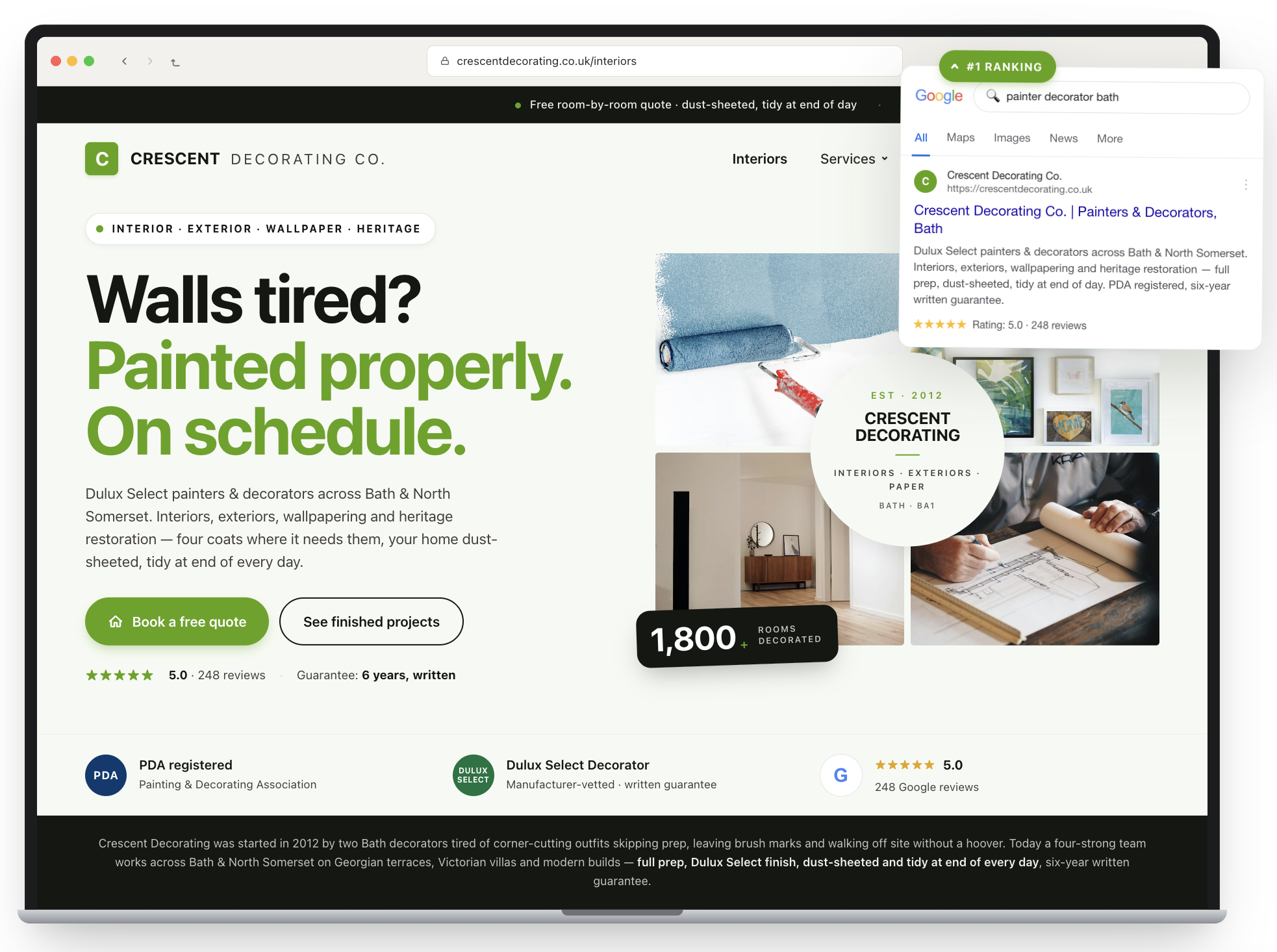 Crescent Decorating Co website with bold green headline, paint roller image and #1 Google result overlay