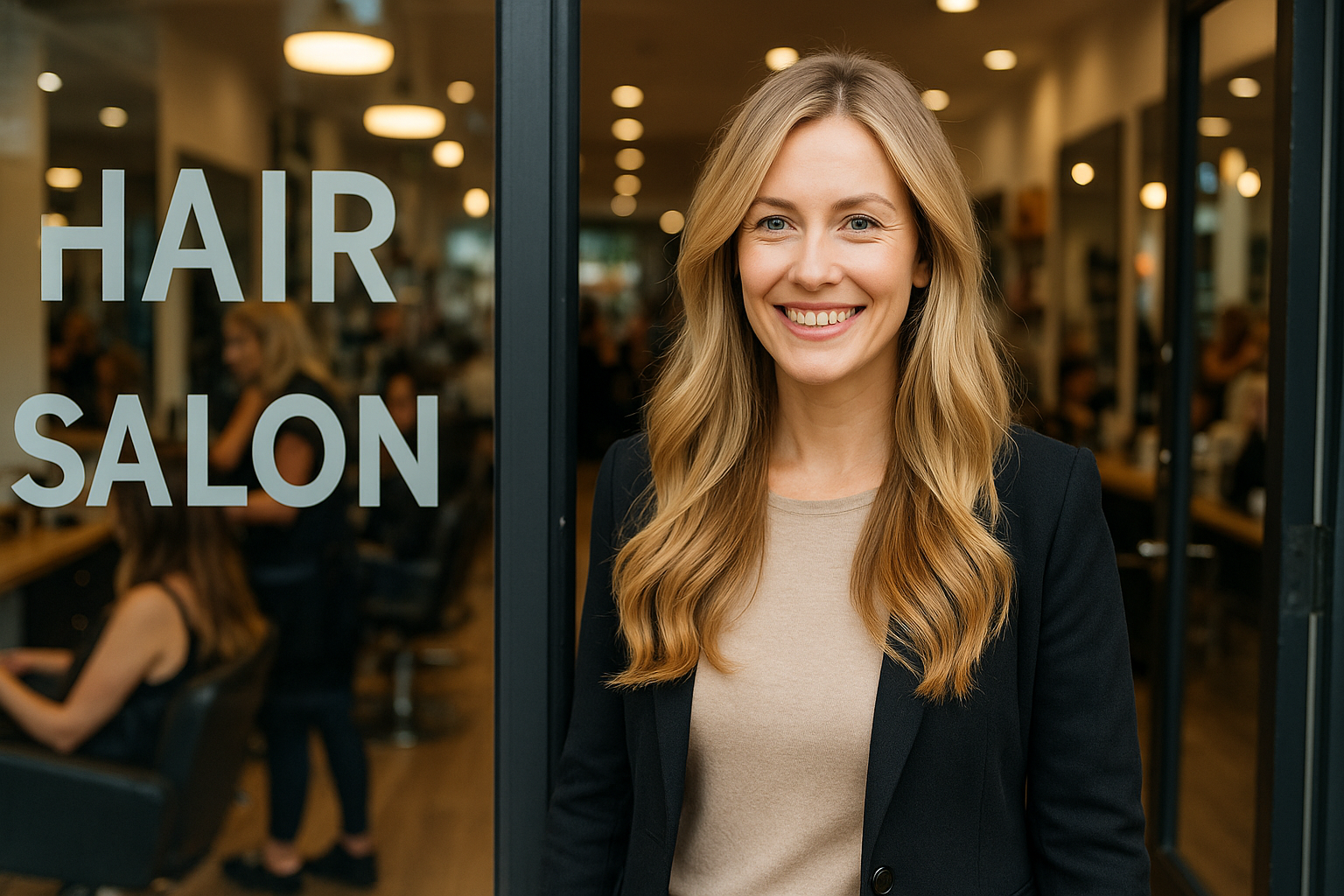 A smiling woman with freshly coloured blonde hair standing outside a busy Whitley Bay hair salon on a bright day.