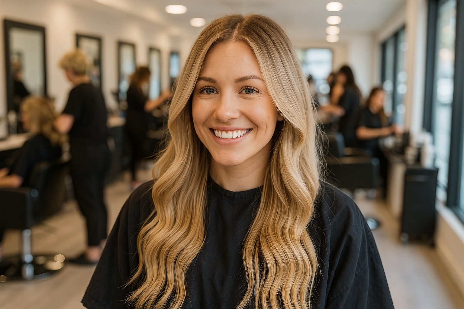 A smiling woman with long, wavy blonde hair sits in a bright and busy Whitley Bay hair salon after having professional extensions fitted.