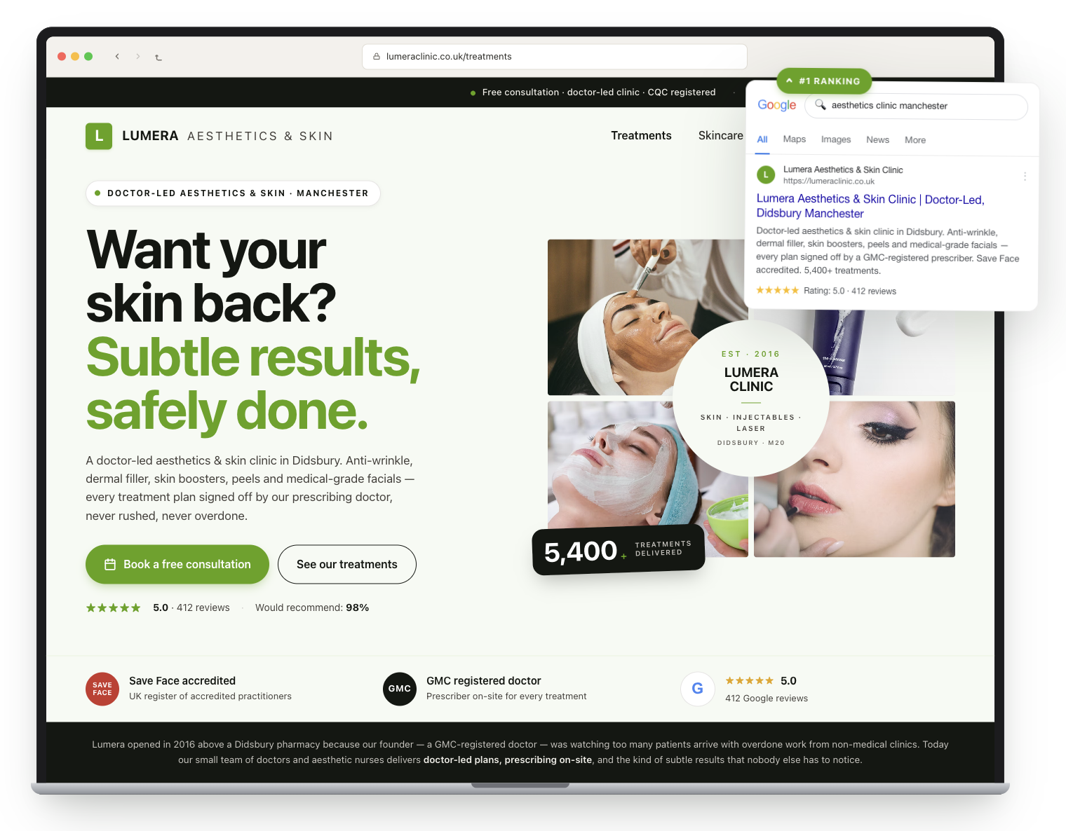 Lumera Aesthetics & Skin homepage with headline “Want your skin back? Subtle results, safely done.”
