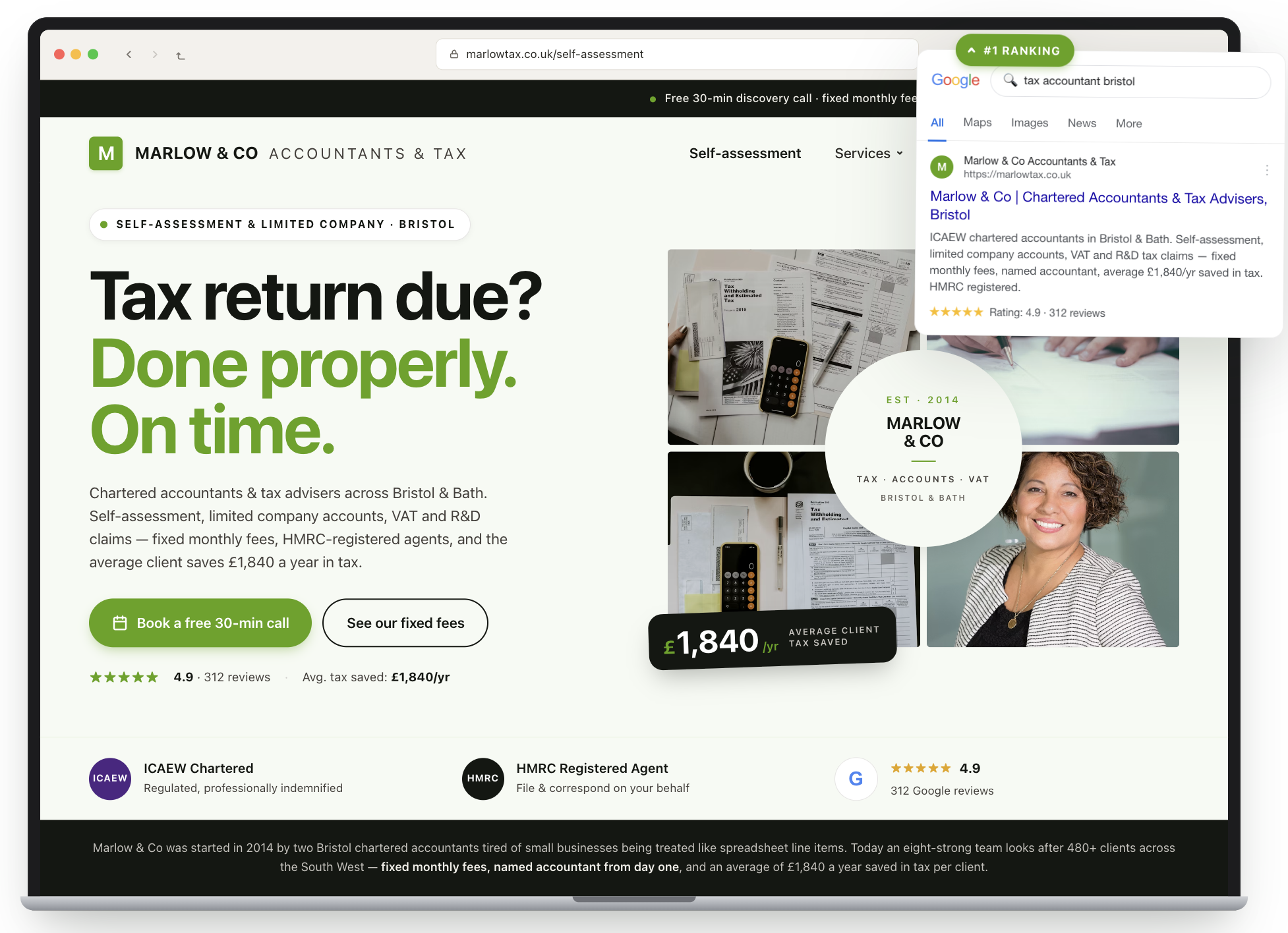 Marlow & Co accountants homepage with bold headline 'Tax return due? Done properly. On time.', CTAs and Google search snippet