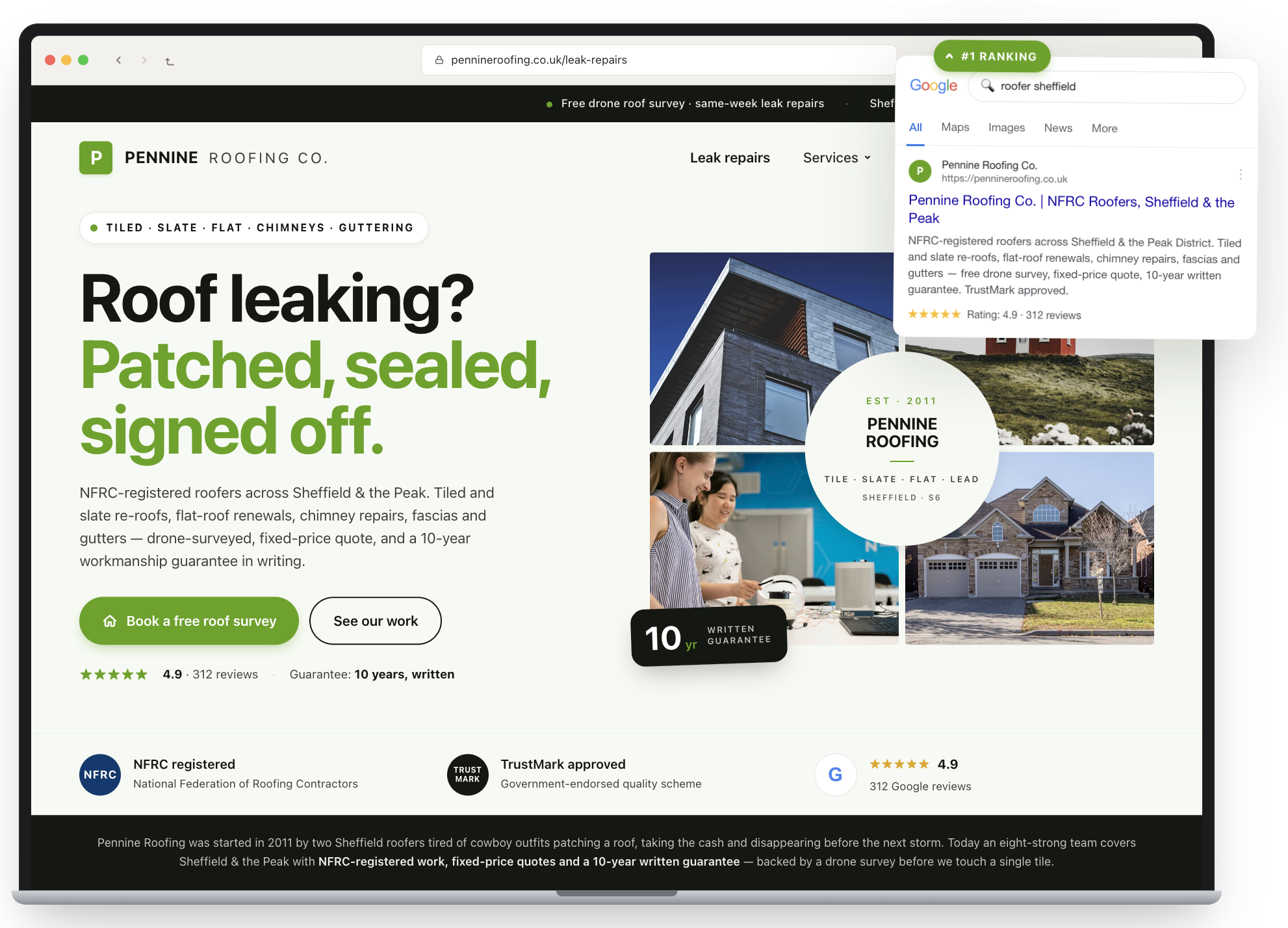 Pennine Roofing landing page with large "Roof leaking?" headline, green call-to-action and photo collage with Google result popup