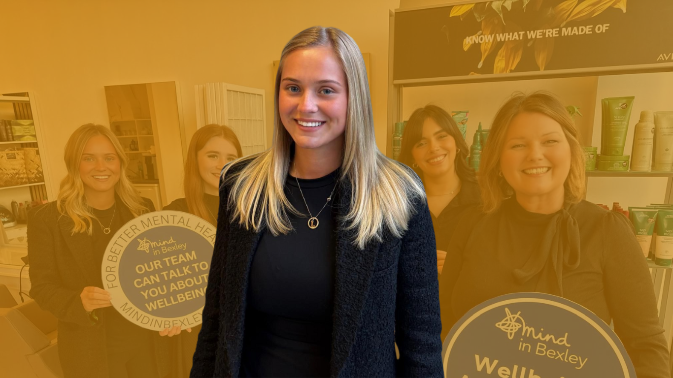 Sienna, a friendly and talented stylist at The Pamper Suite in Bexley, pictured in salon with the team supporting local wellbeing through Mind in Bexley.