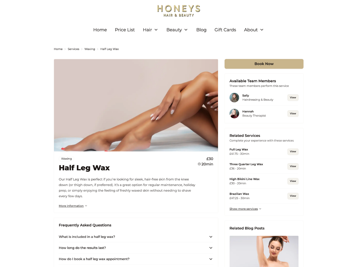 Half Leg Wax service page at Honeys Taunton with booking button, team members, FAQs and related services