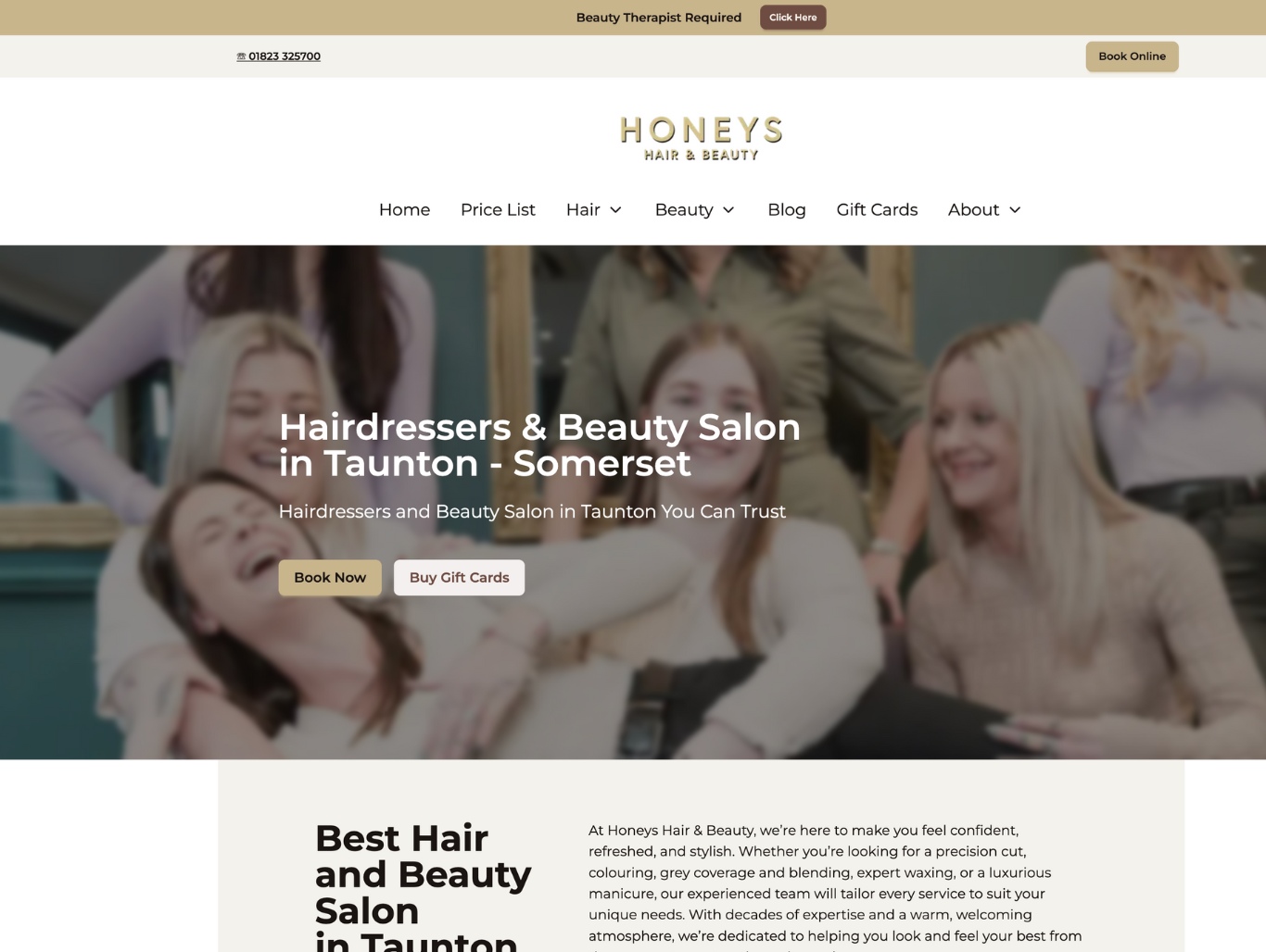 Honeys Hair & Beauty homepage in Taunton with headline, call to book and team photo