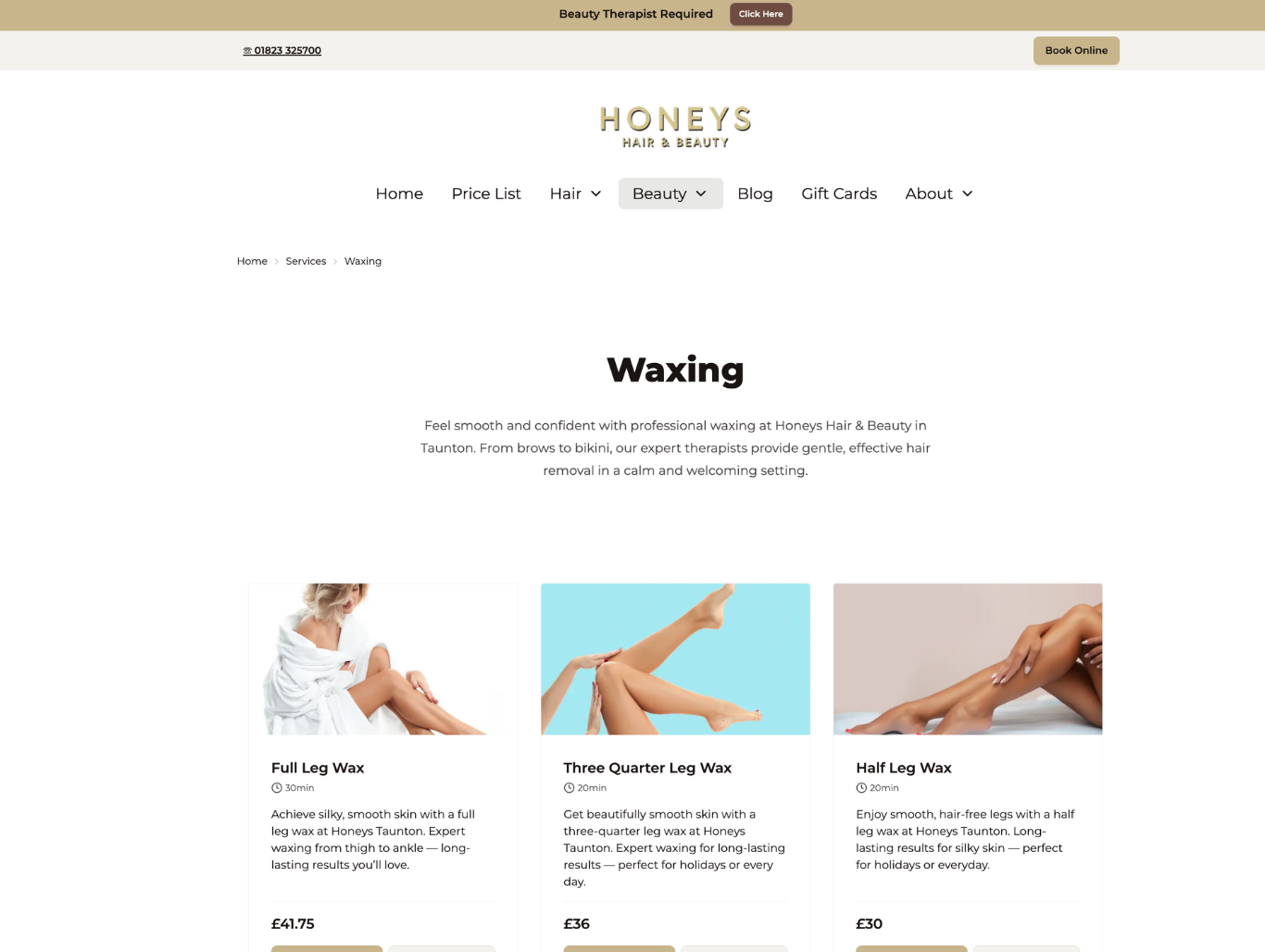 Waxing category page at Honeys Hair & Beauty in Taunton showing service tiles and prices